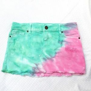 Tied dye teal pink denim skirt